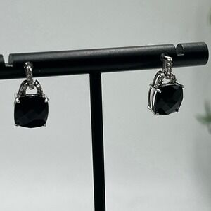 Vintage 10K White Gold Oval Prong Cushion Black Onyx Diamond Dangle Earrings